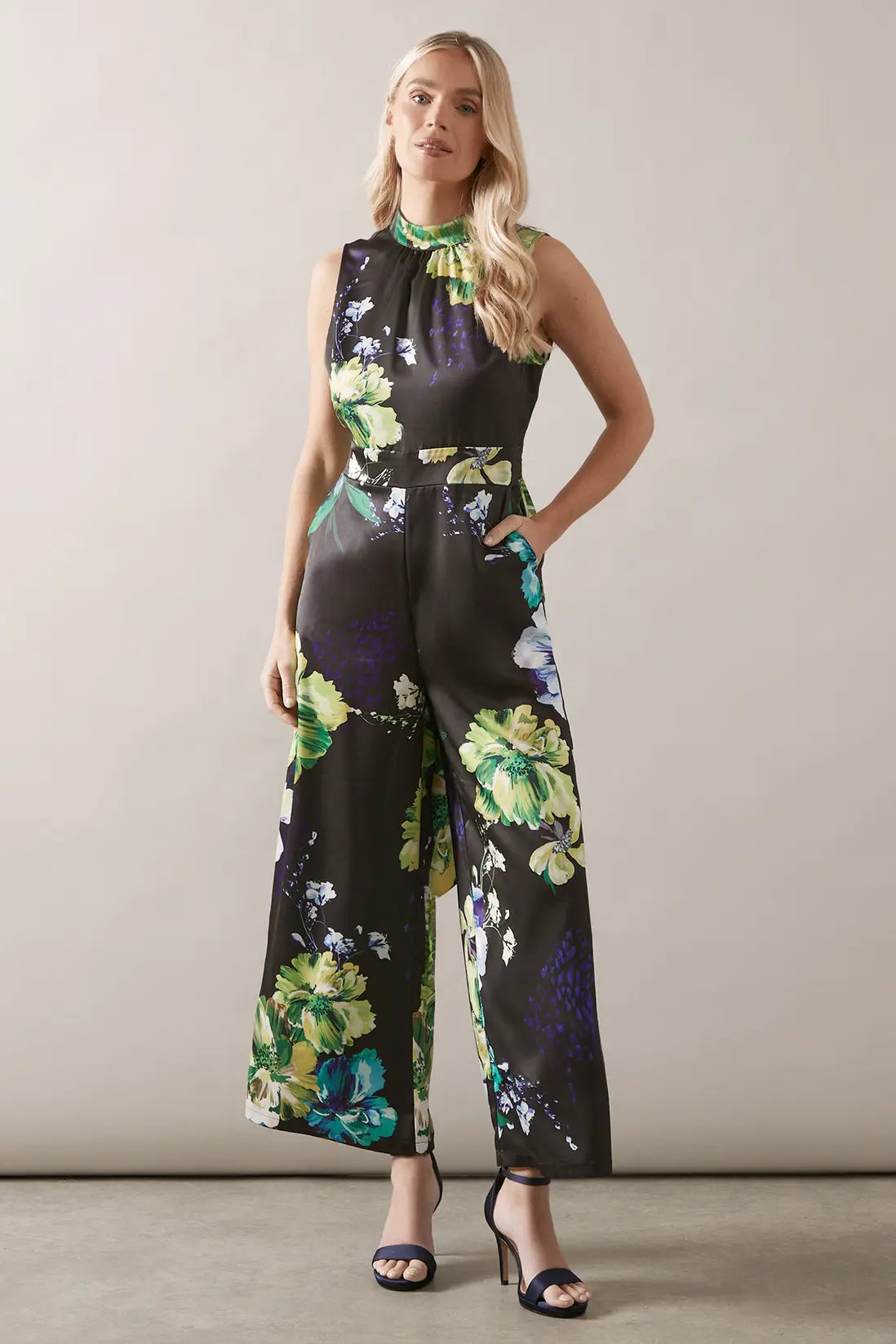 Black Petite Floral Printed Satin Belted Jumpsuit