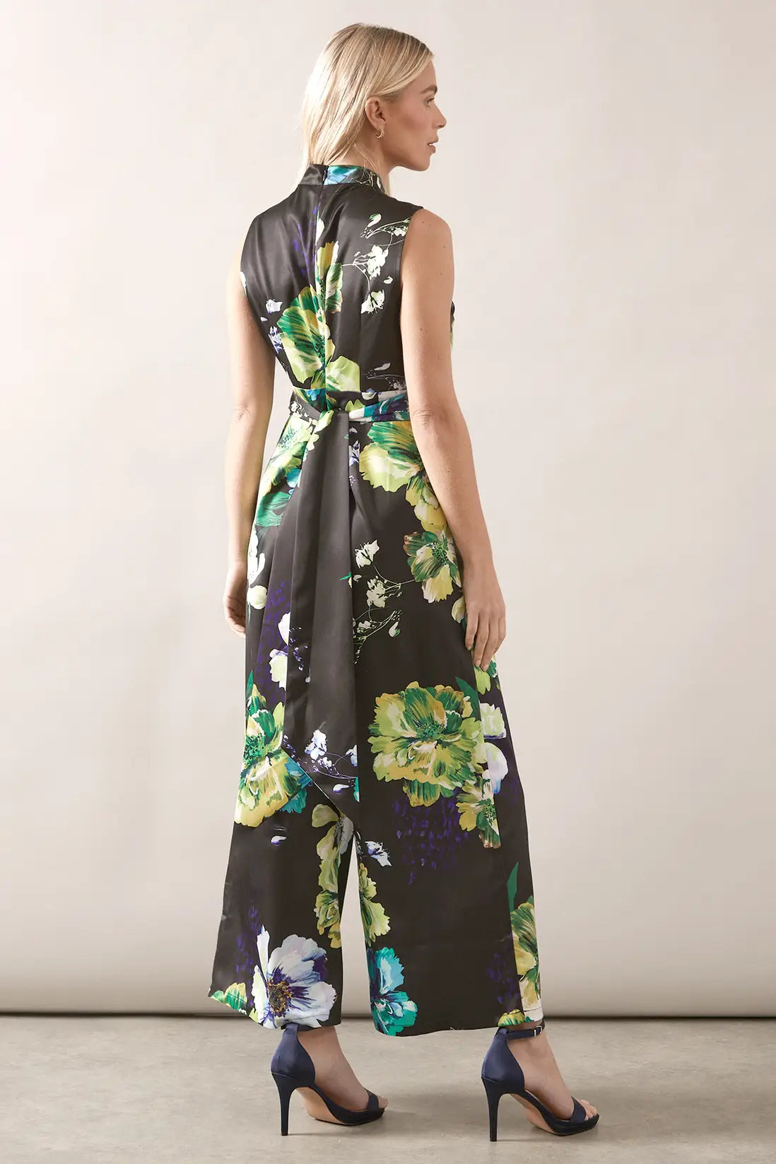 Black Petite Floral Printed Satin Belted Jumpsuit