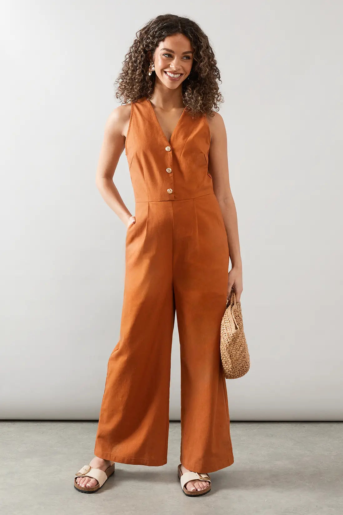 Chestnut Linen Mix Button Detail Jumpsuit