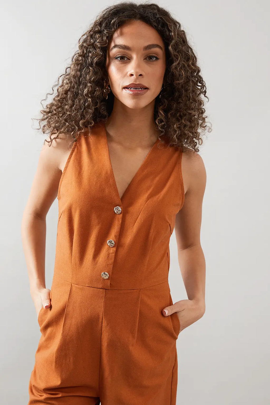 Chestnut Linen Mix Button Detail Jumpsuit