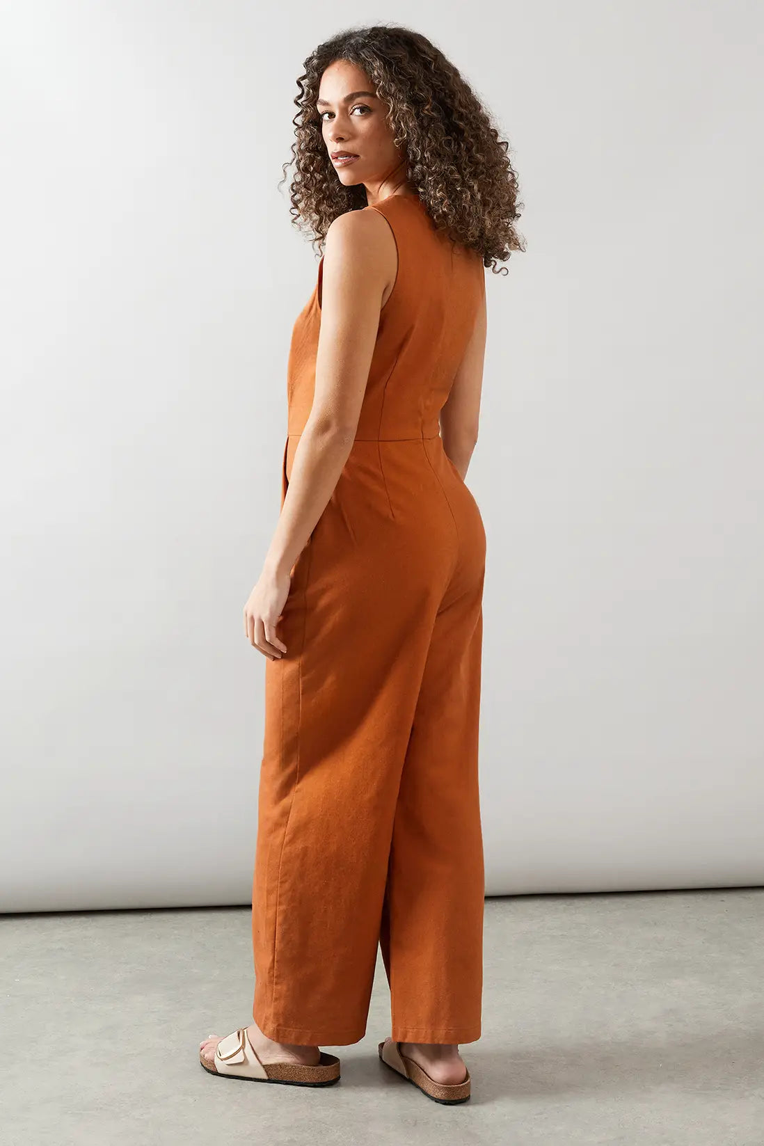 Chestnut Linen Mix Button Detail Jumpsuit