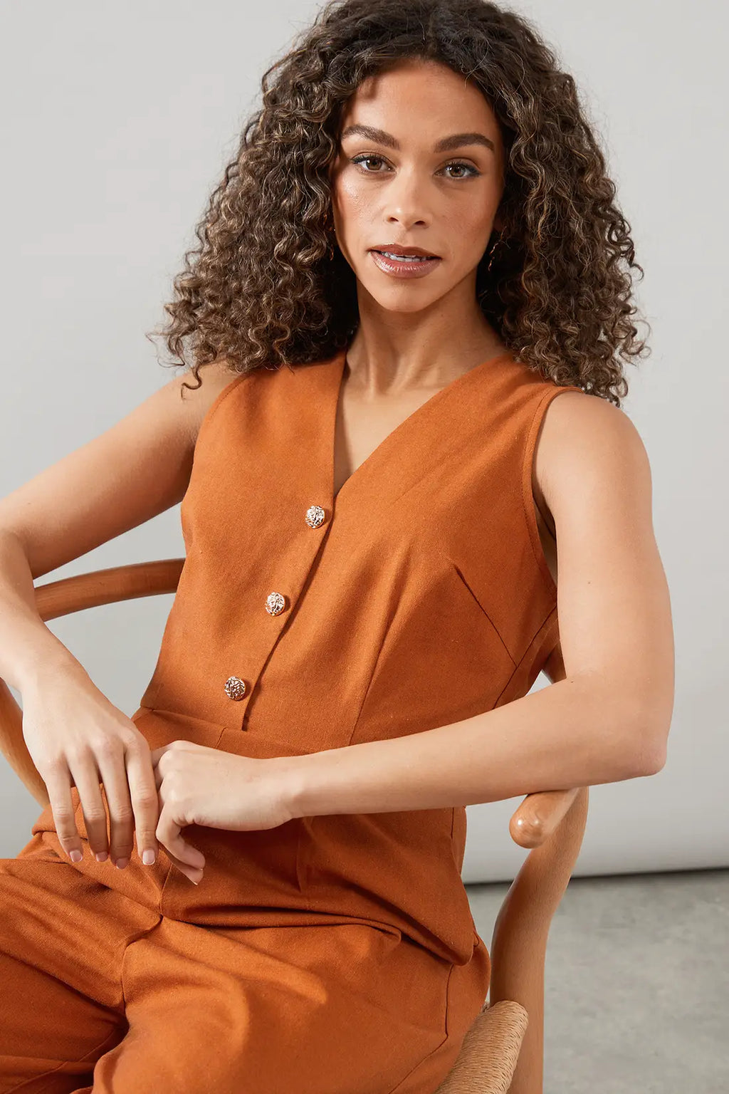 Chestnut Linen Mix Button Detail Jumpsuit