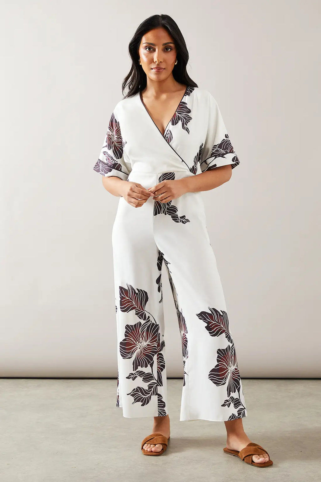 Petite Scallop Trim Printed Wrap Wide Leg Jumpsuit