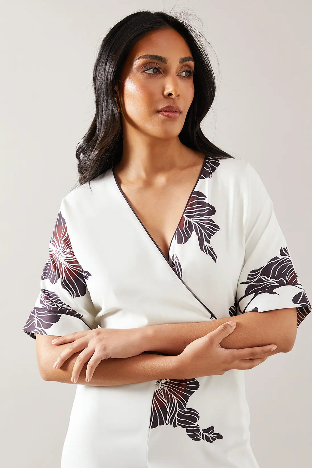 Petite Scallop Trim Printed Wrap Wide Leg Jumpsuit