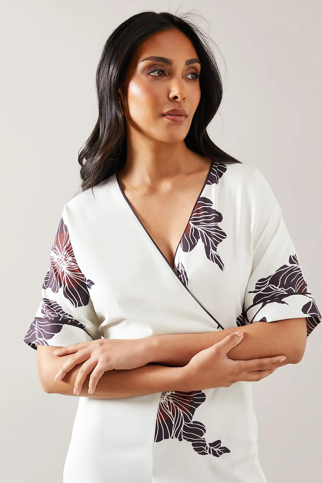 Petite Scallop Trim Printed Wrap Wide Leg Jumpsuit