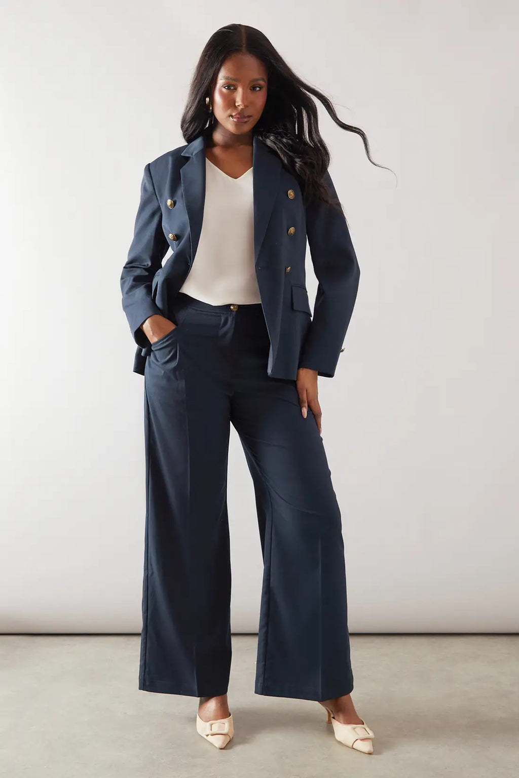 Navy Wide Leg Pleat Detail Trouser