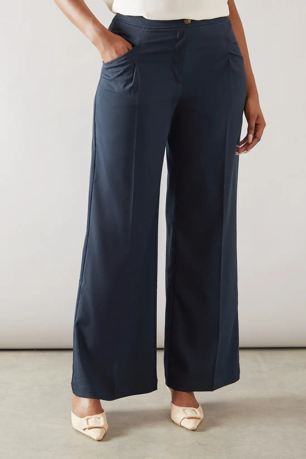 Navy Wide Leg Pleat Detail Trouser