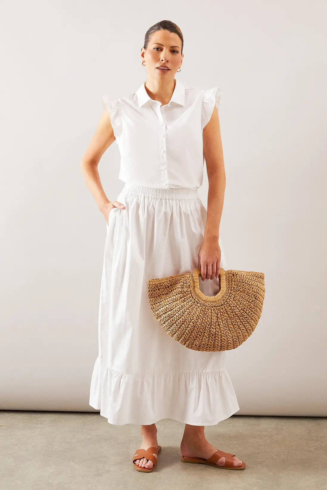 Cotton Frill Hem Midi Skirt