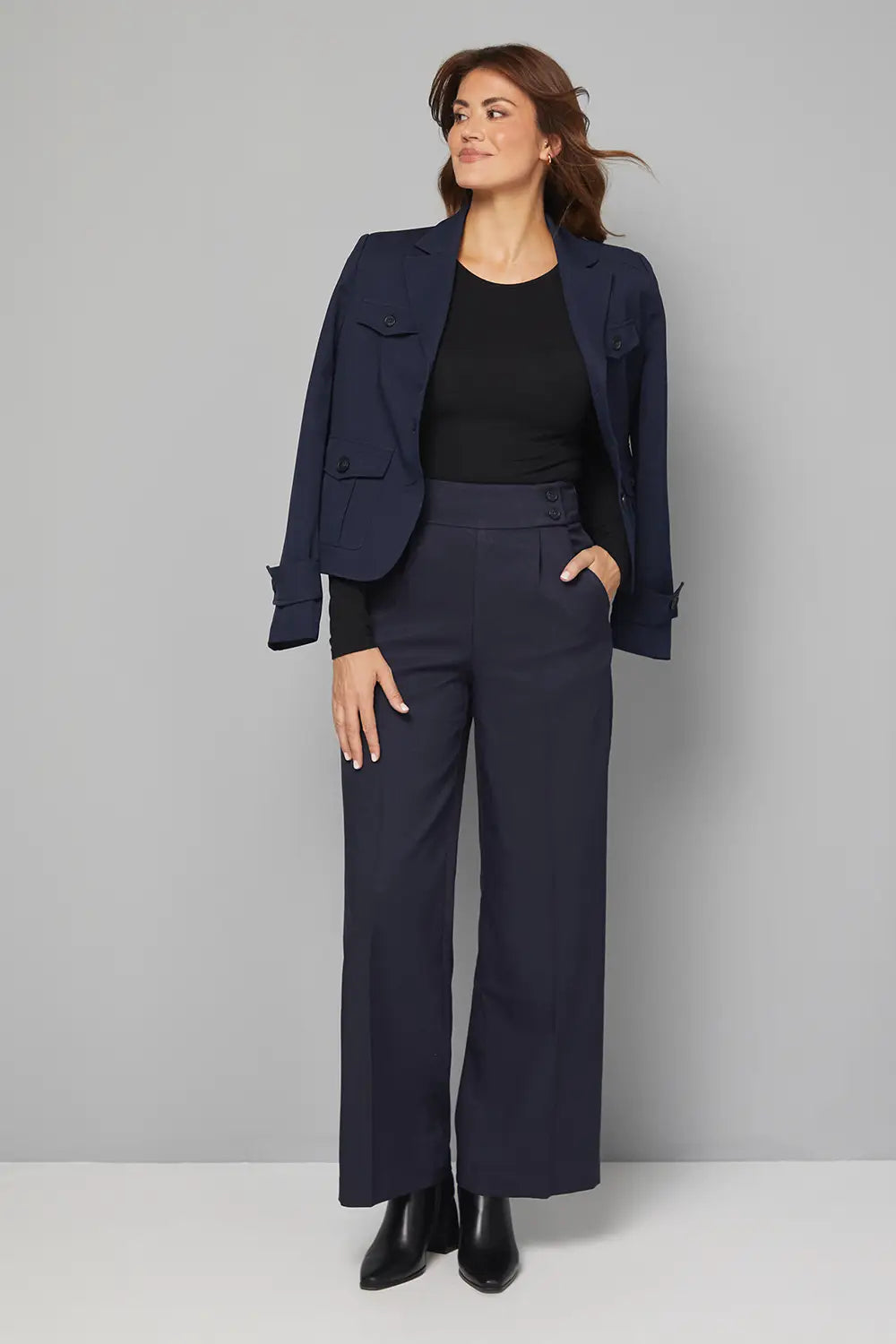 Navy Pleat Detail Front Button Detail Trouser