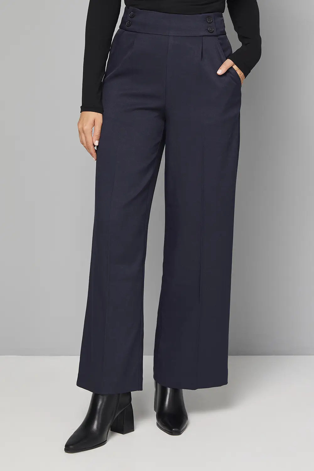 Navy Pleat Detail Front Button Detail Trouser