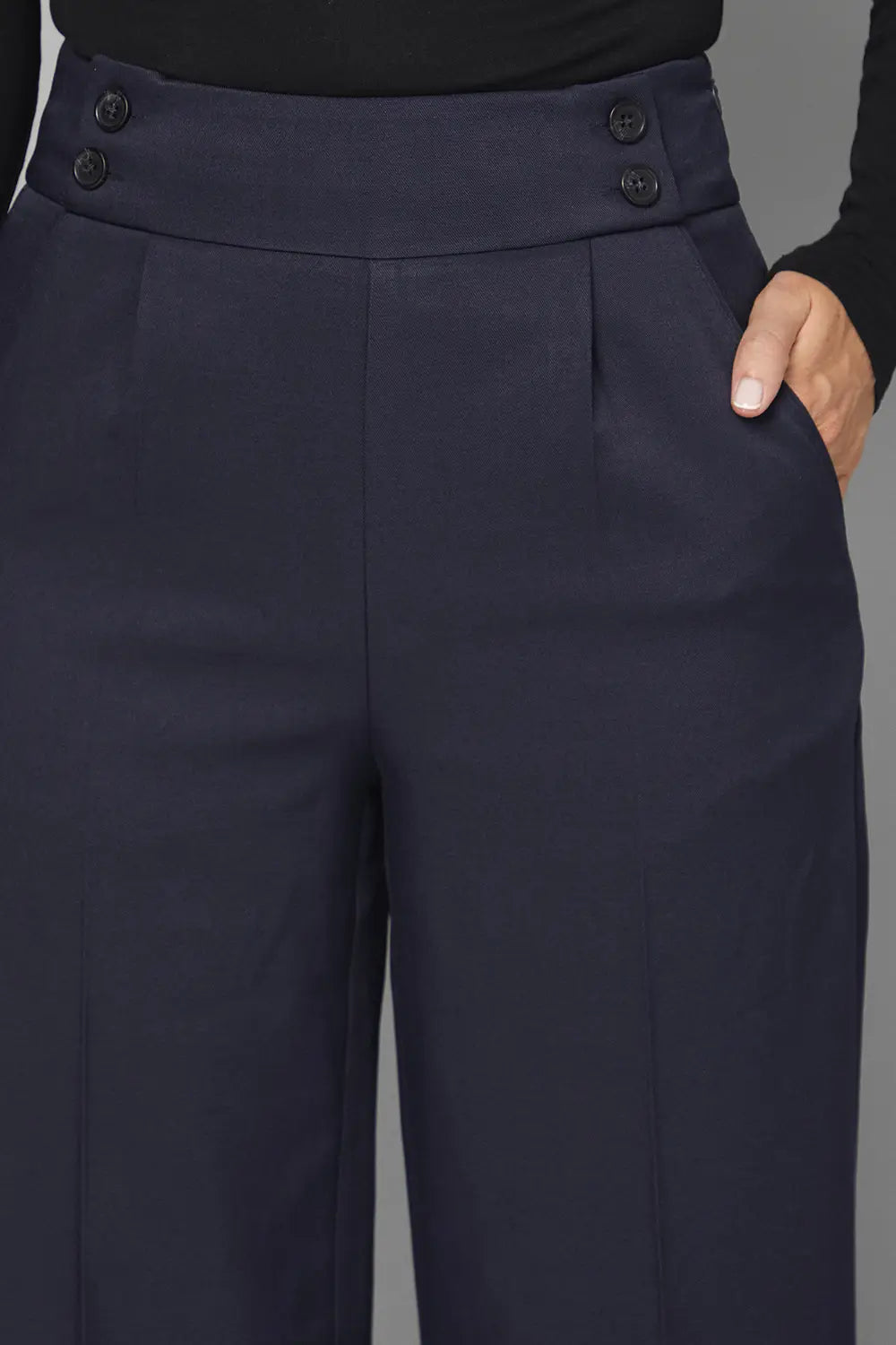Navy Pleat Detail Front Button Detail Trouser