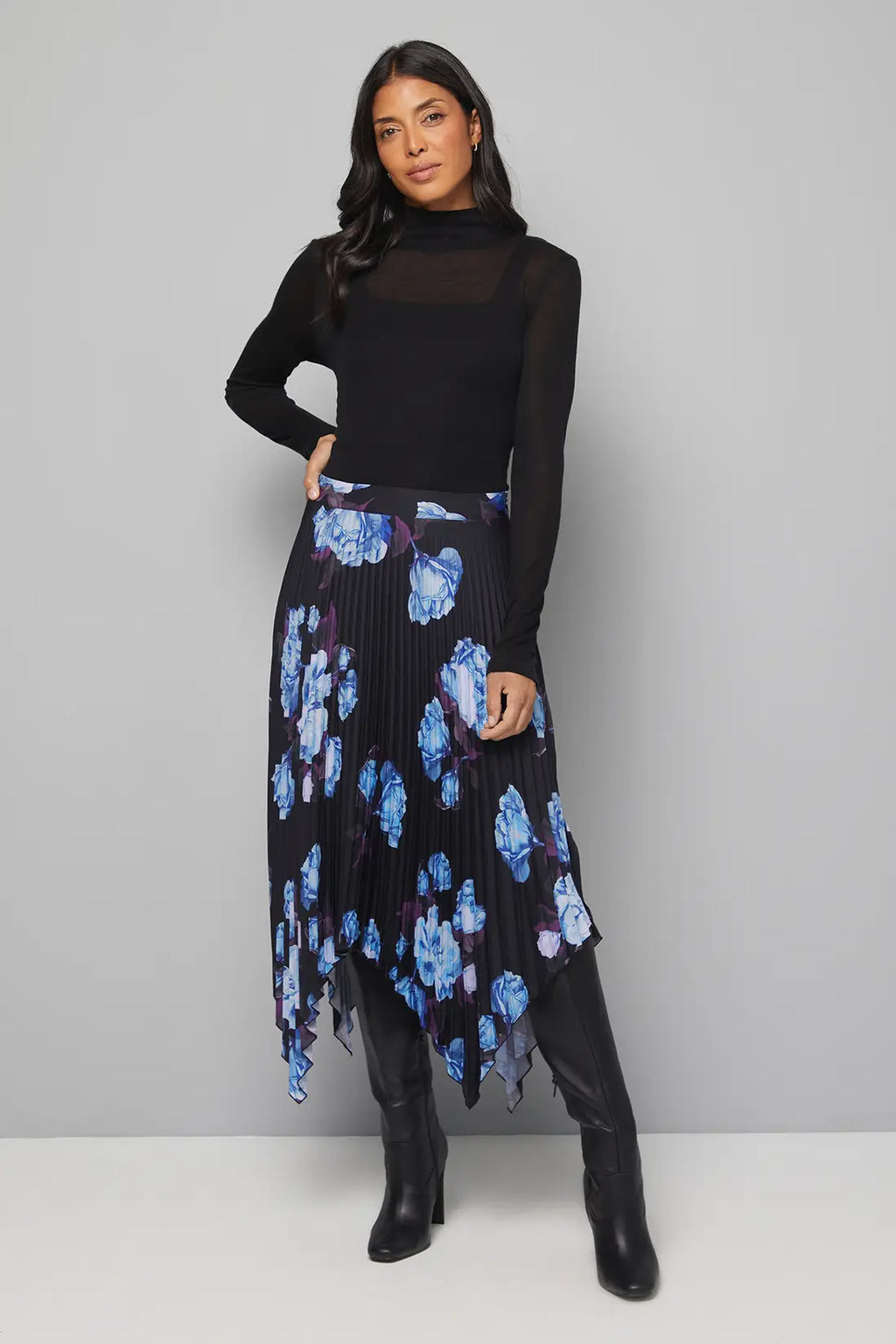 Black Floral Pleated Midi Skirt