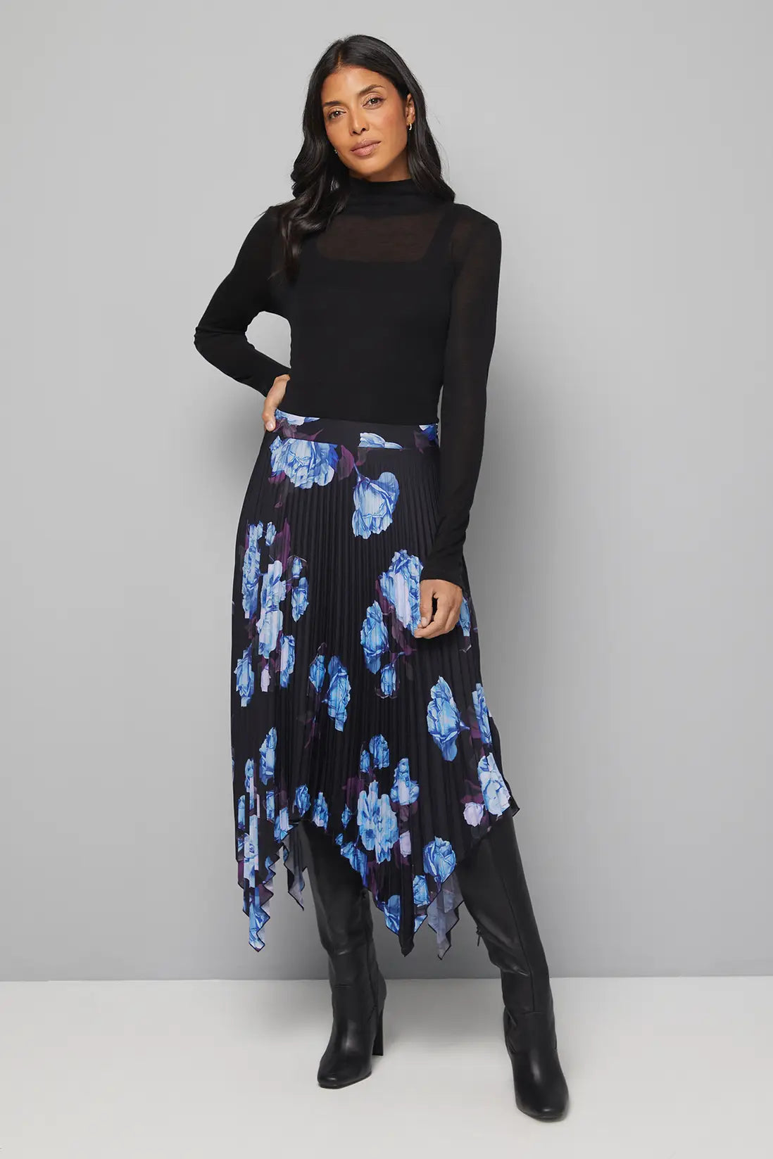 Black Floral Pleated Midi Skirt