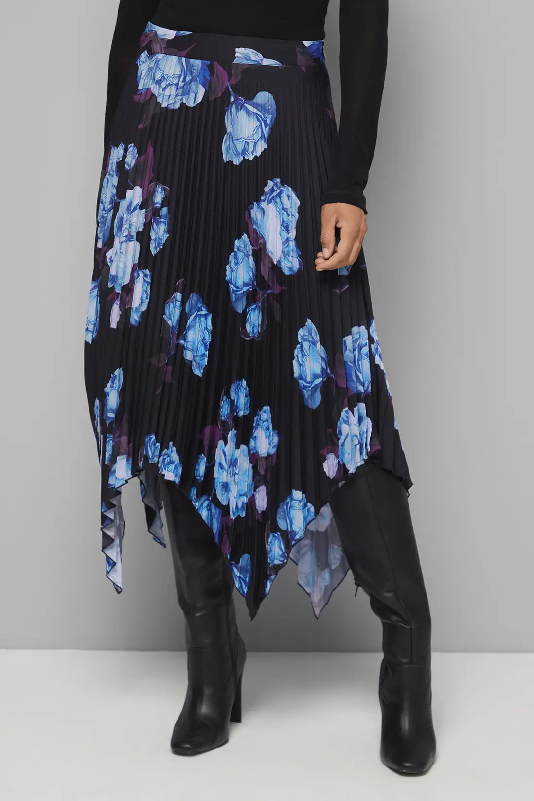 Black Floral Pleated Midi Skirt