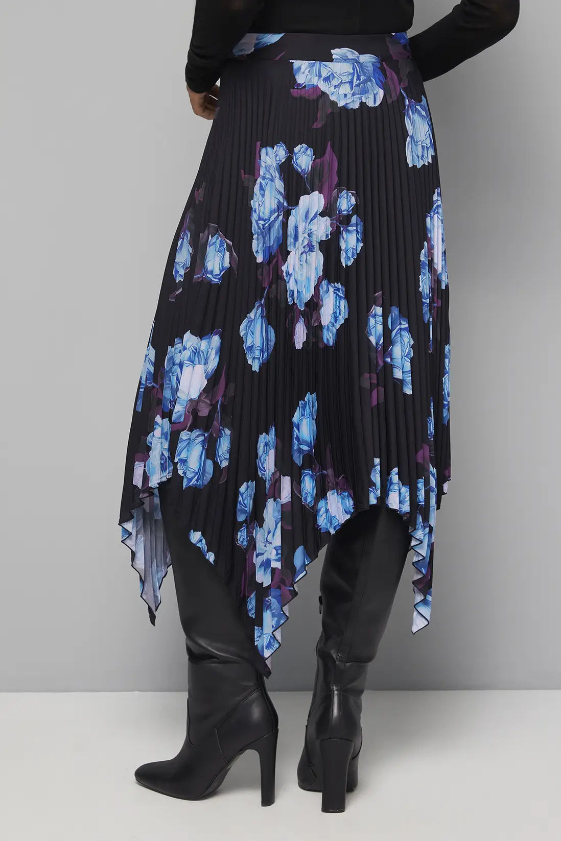 Black Floral Pleated Midi Skirt