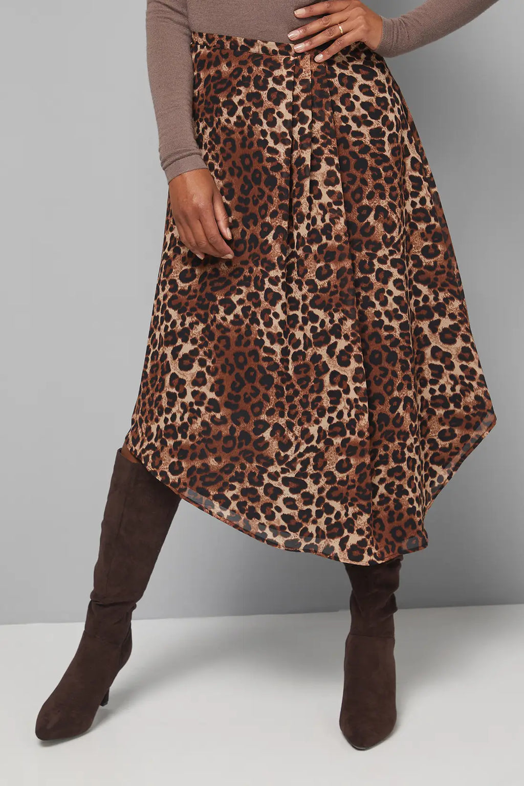 Black Leopard Chiffon Asymmetric Midi Skirt