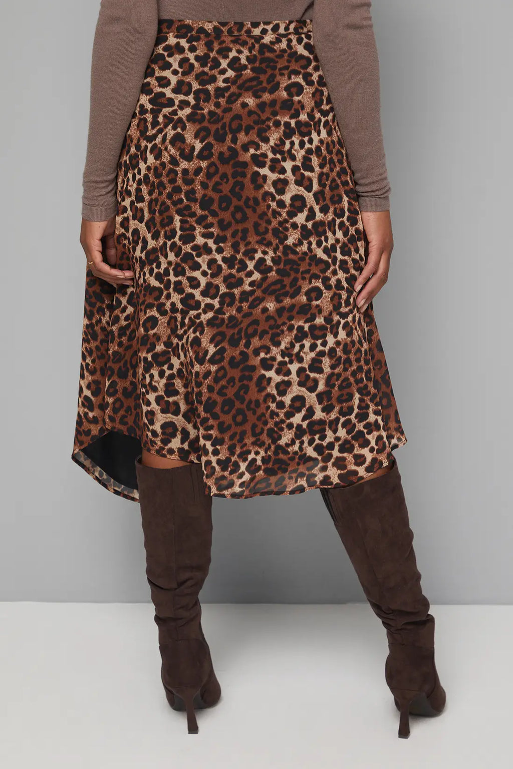 Black Leopard Chiffon Asymmetric Midi Skirt