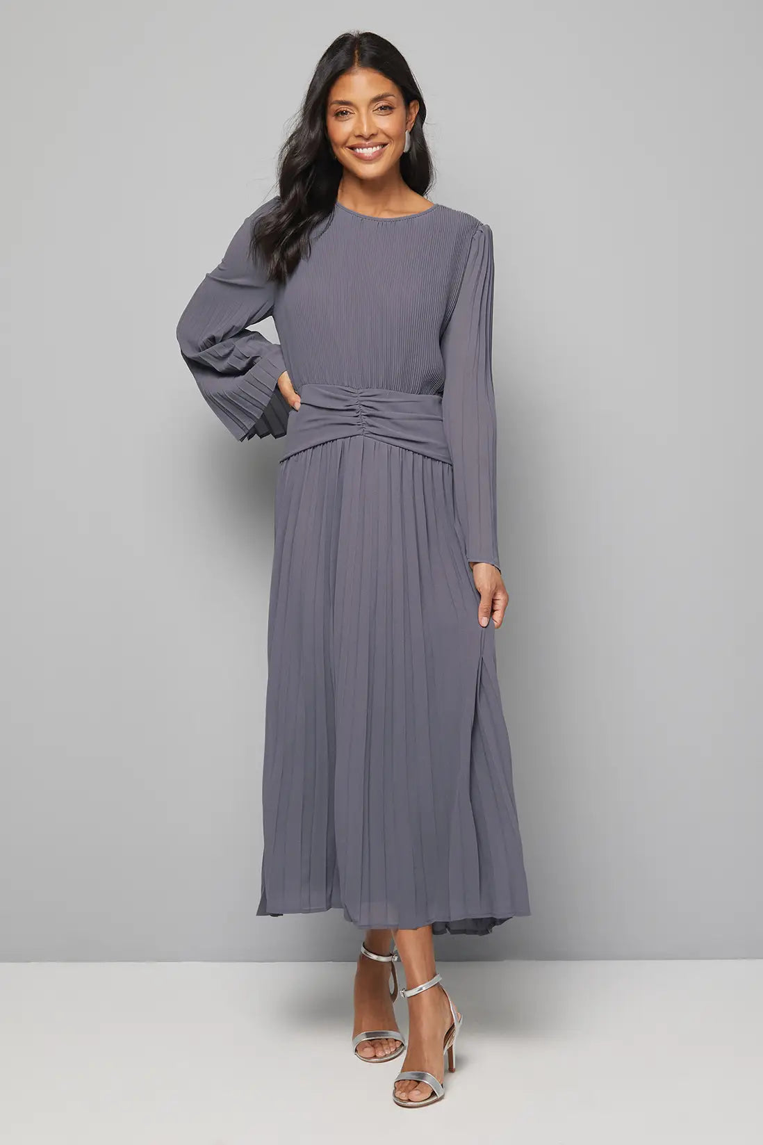 Pleated Flare Sleeve Waist Detail Midi Dress