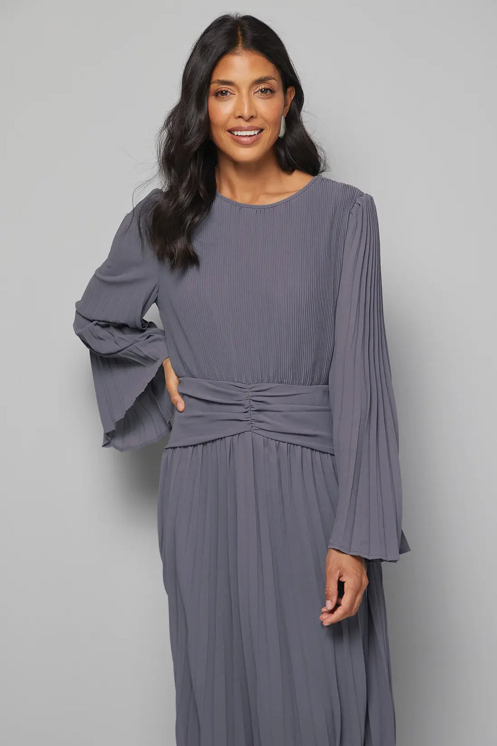 Pleated Flare Sleeve Waist Detail Midi Dress