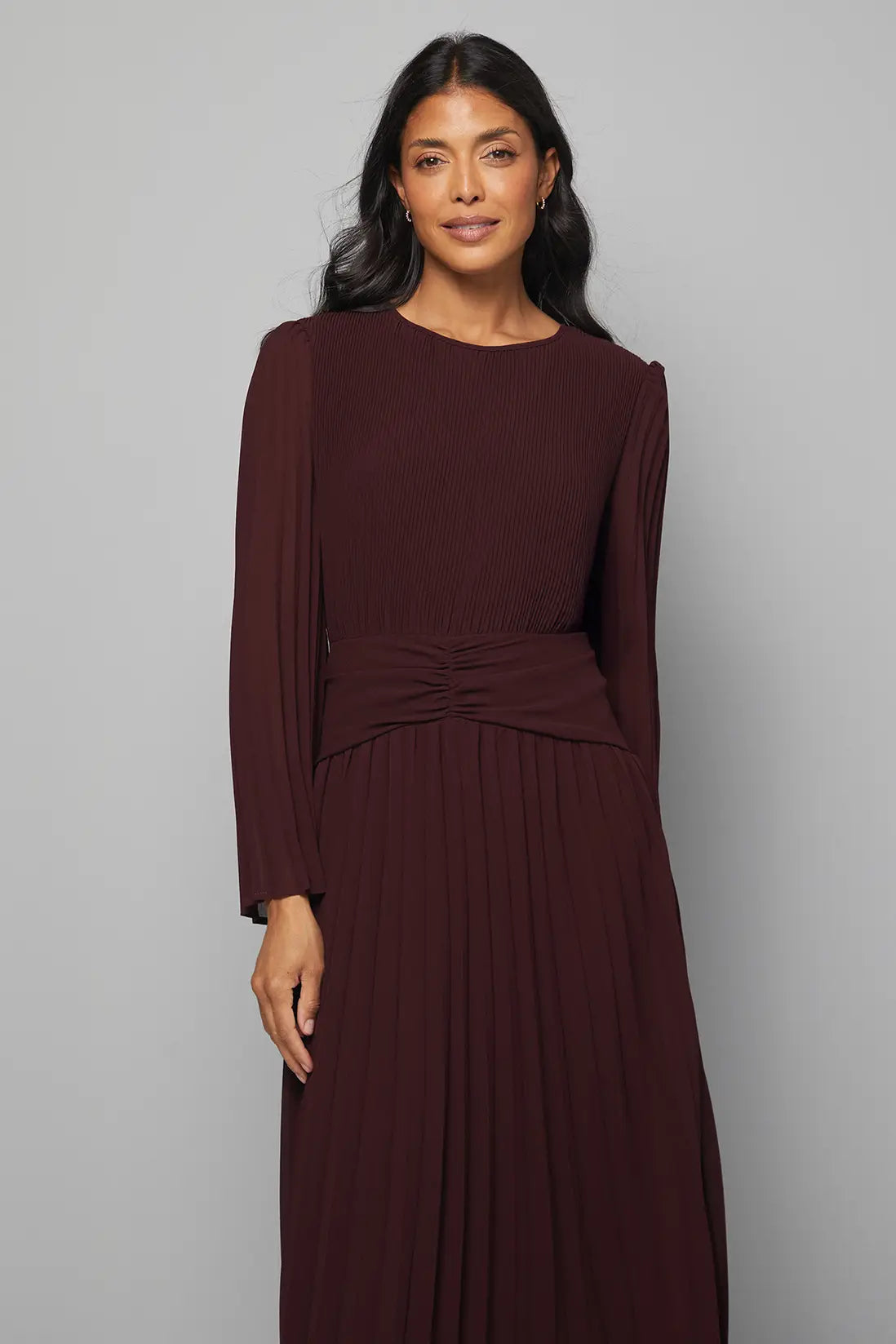 Pleated Flare Sleeve Waist Detail Midi Dress