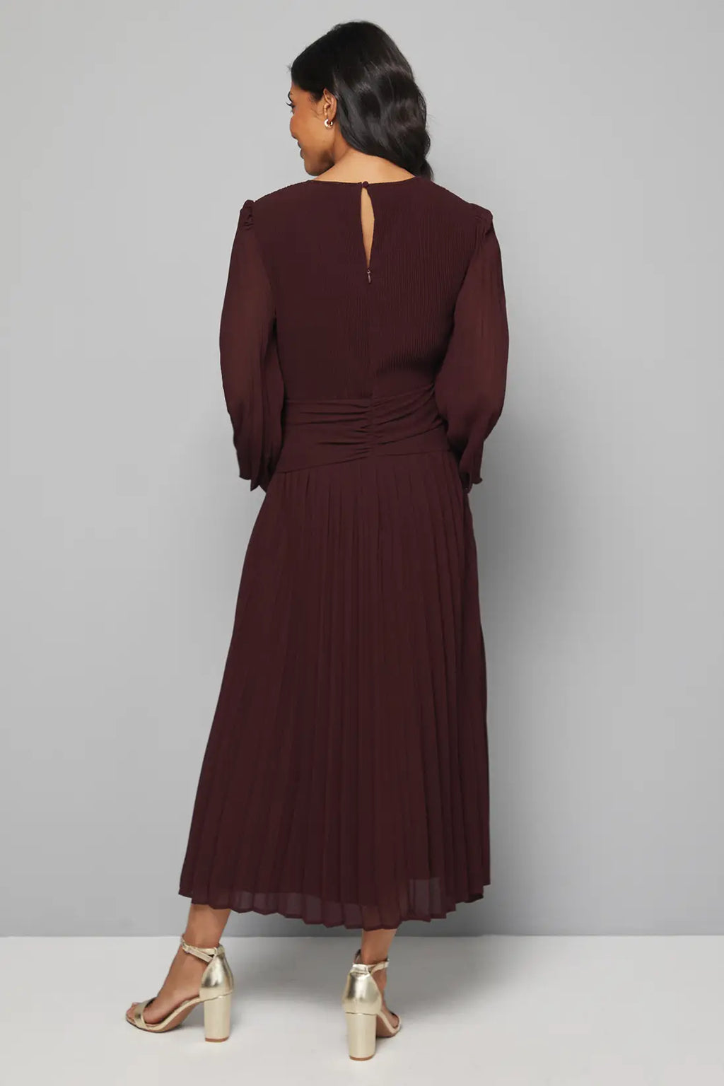 Pleated Flare Sleeve Waist Detail Midi Dress