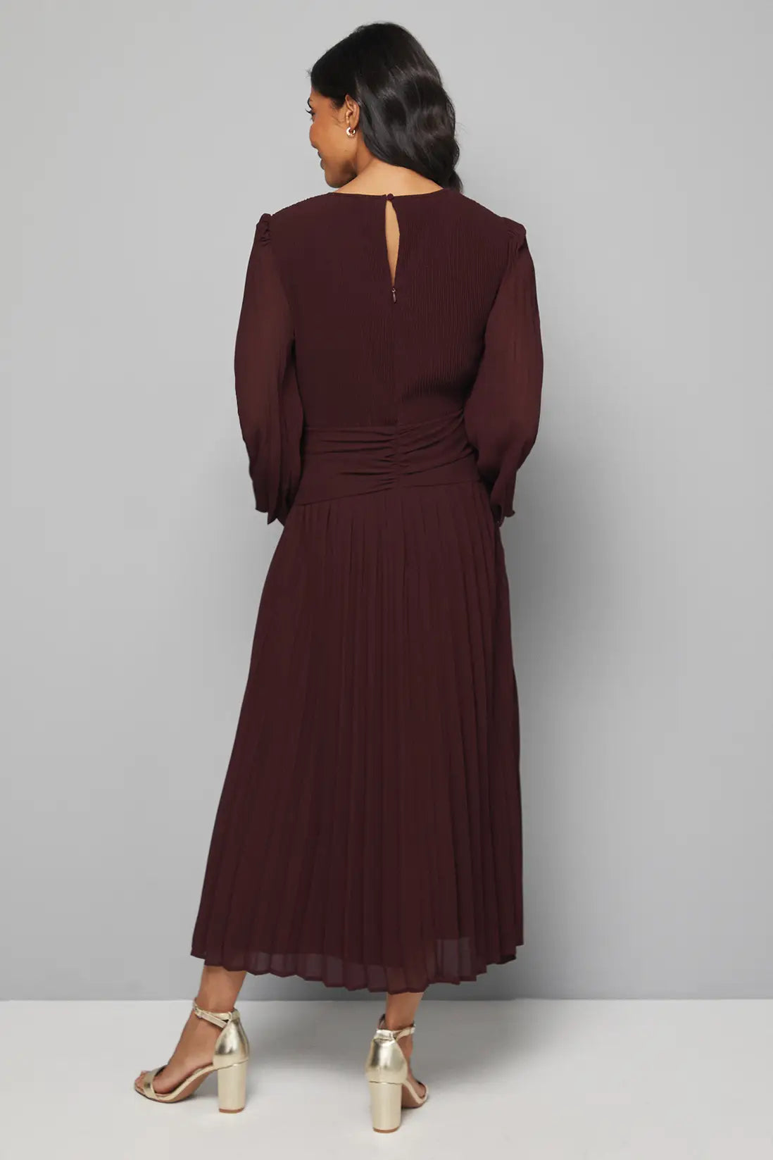 Pleated Flare Sleeve Waist Detail Midi Dress