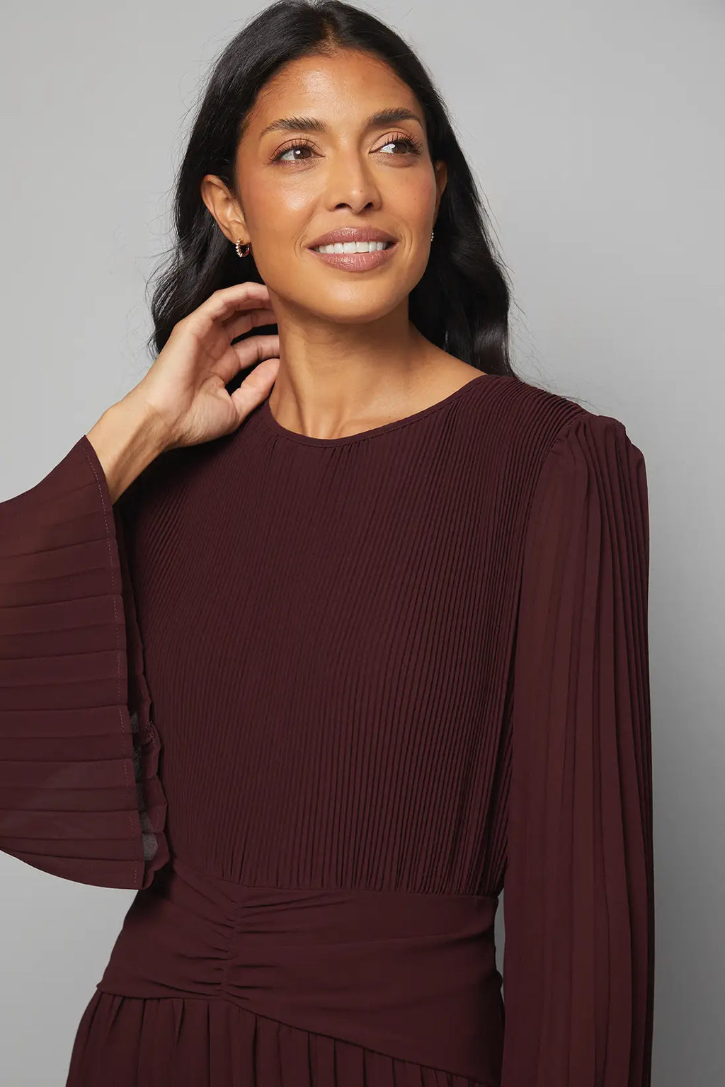 Pleated Flare Sleeve Waist Detail Midi Dress