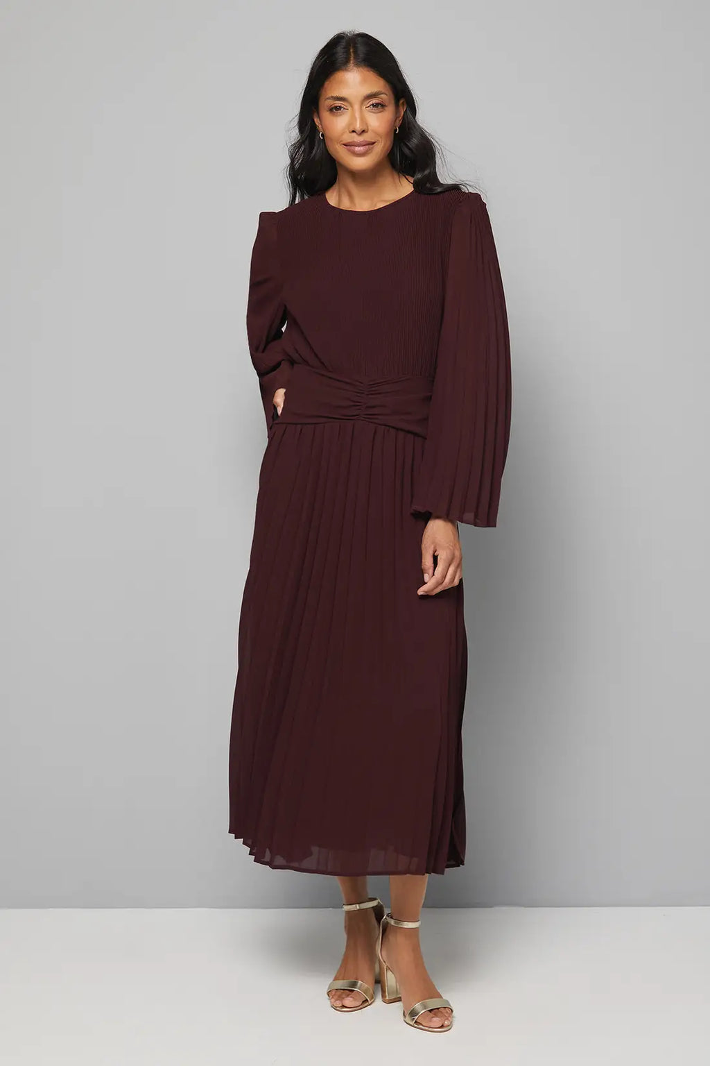 Pleated Flare Sleeve Waist Detail Midi Dress