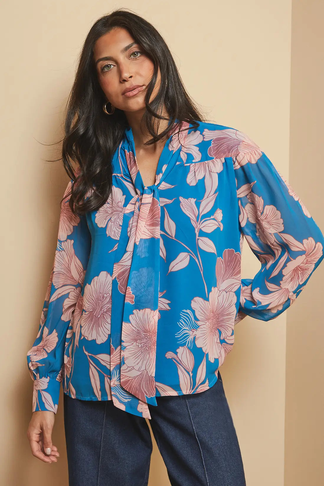 Floral Print Tie Neck Blouse