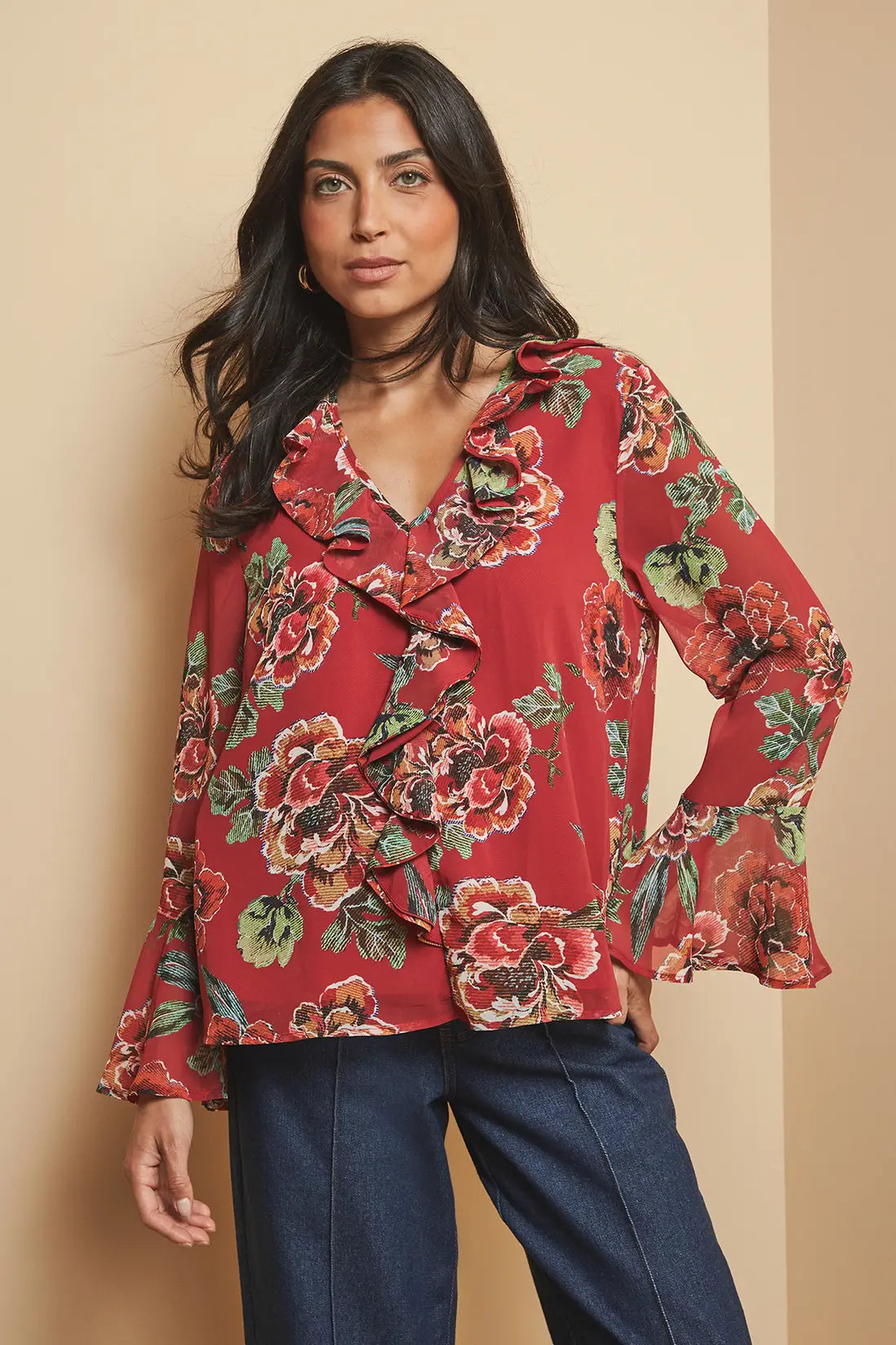 Floral Print Ruffle Detail Blouse