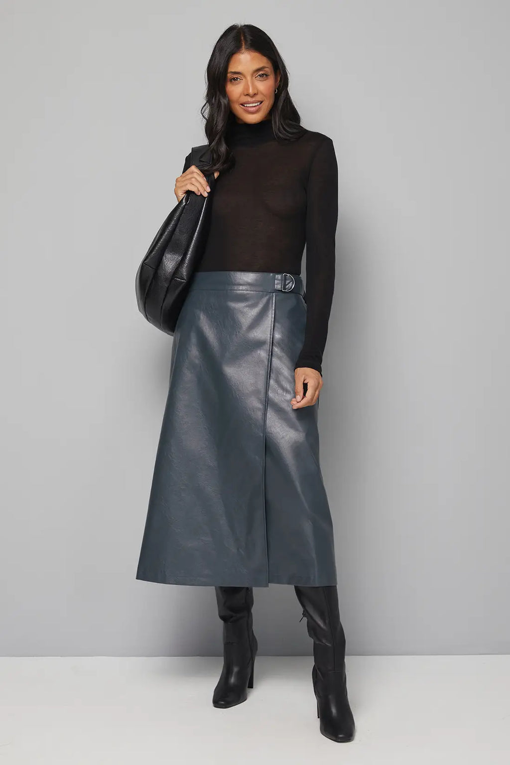 Teal Faux Leather Wrap Midi Skirt