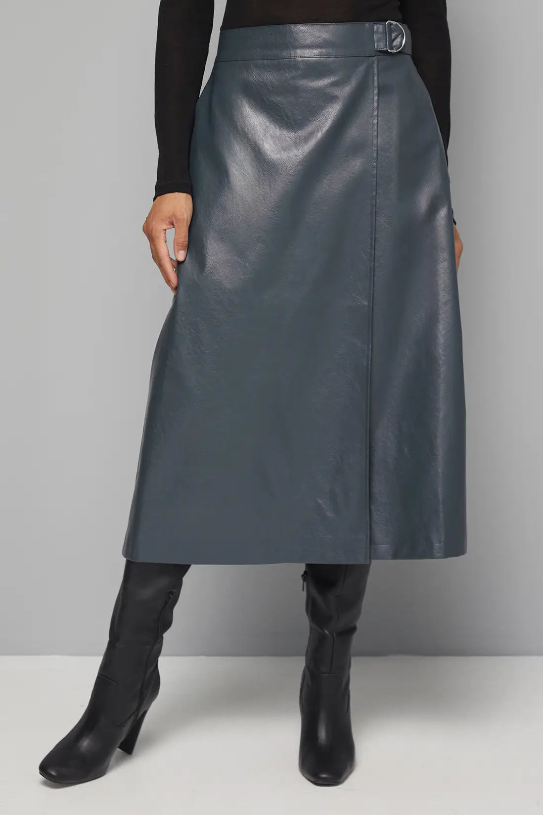 Teal Faux Leather Wrap Midi Skirt