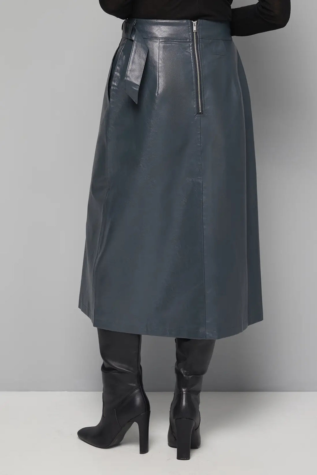 Teal Faux Leather Wrap Midi Skirt