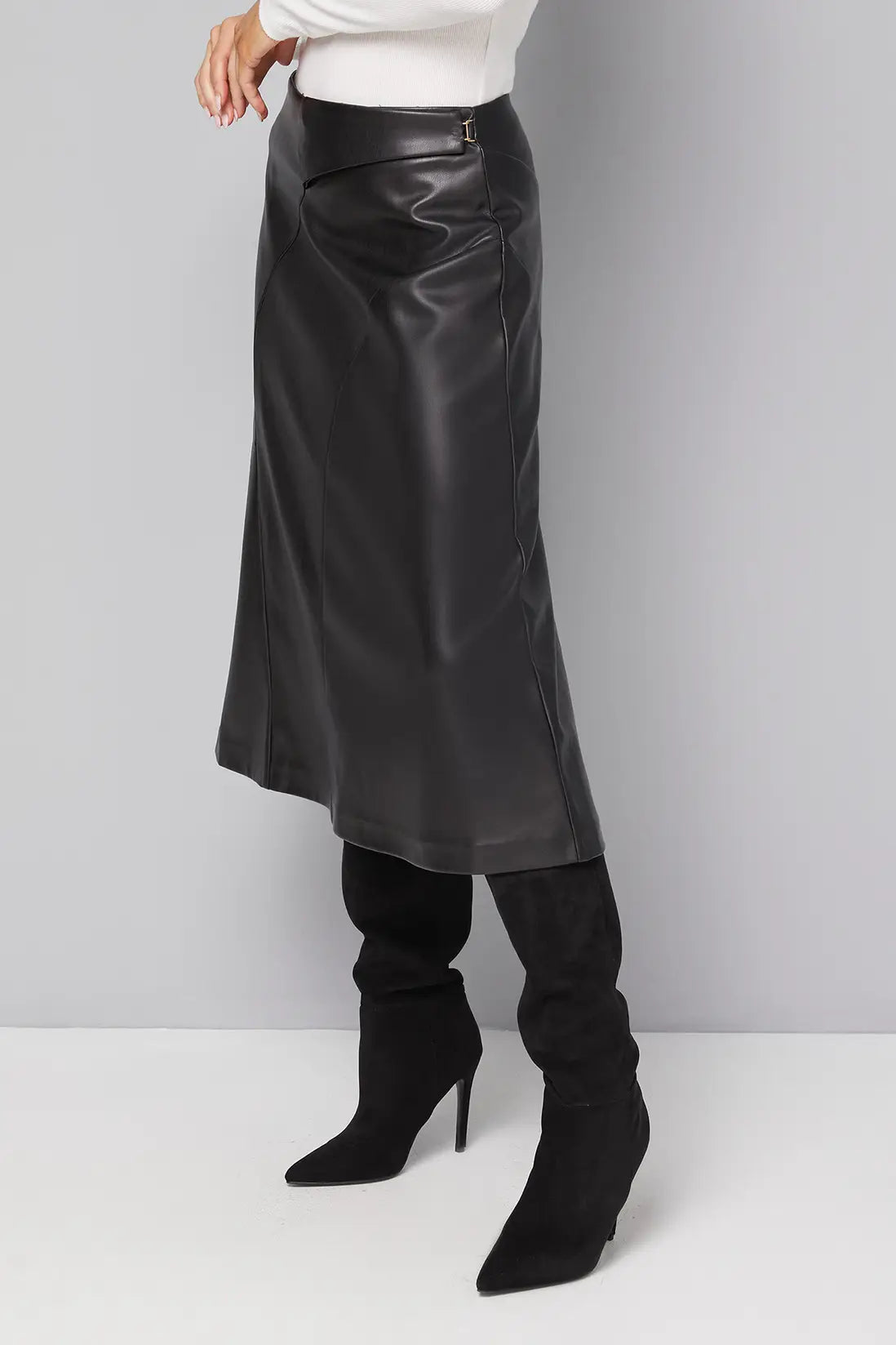 Black Faux Leather Pleated Wrap Skirt