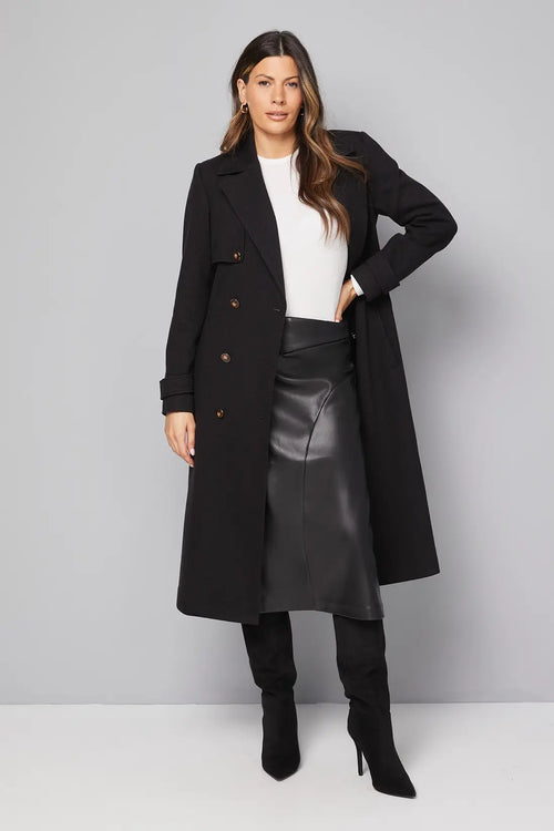Black Faux Leather Pleated Wrap Skirt