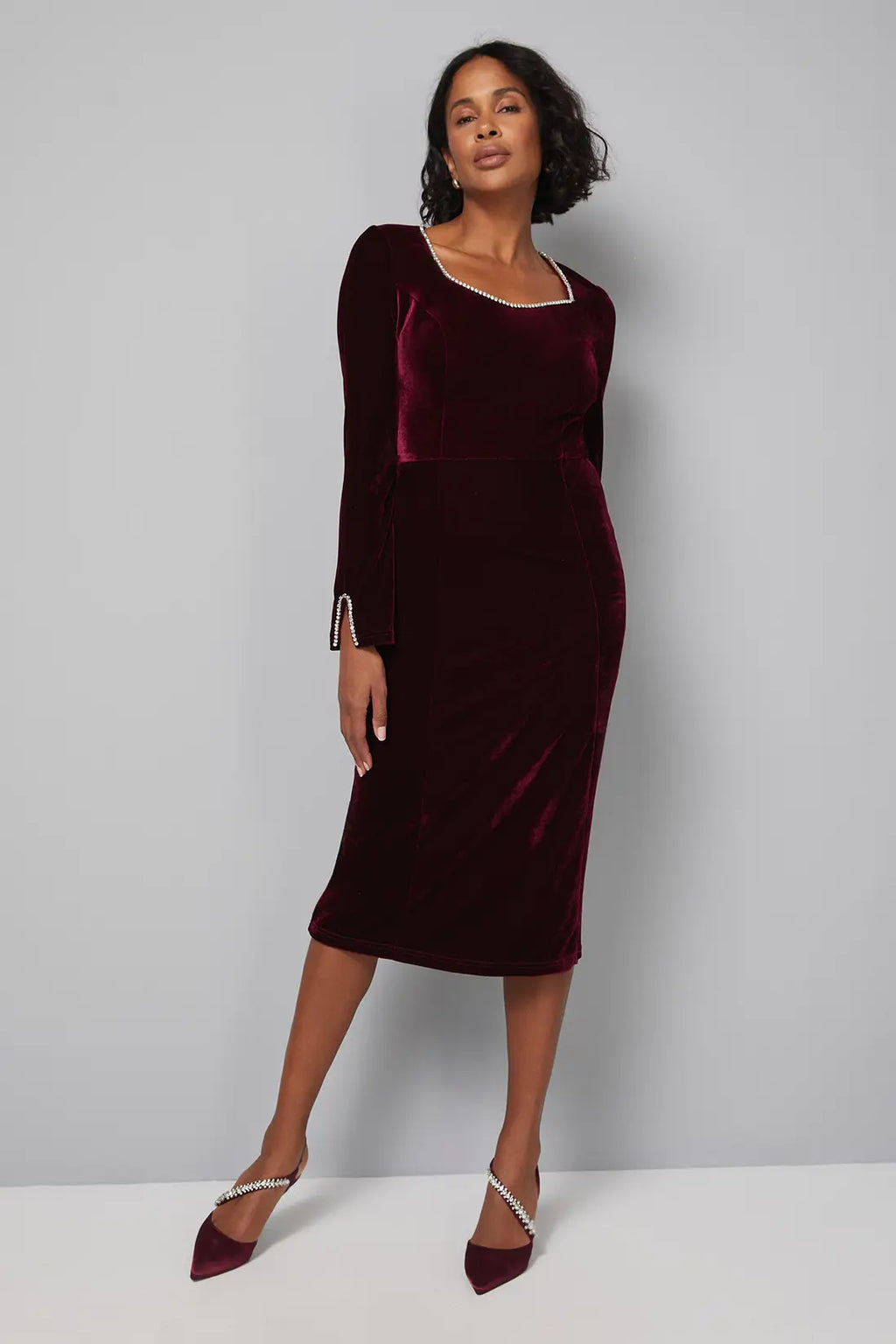 Velvet Sweetheart Embellished Midi Dress