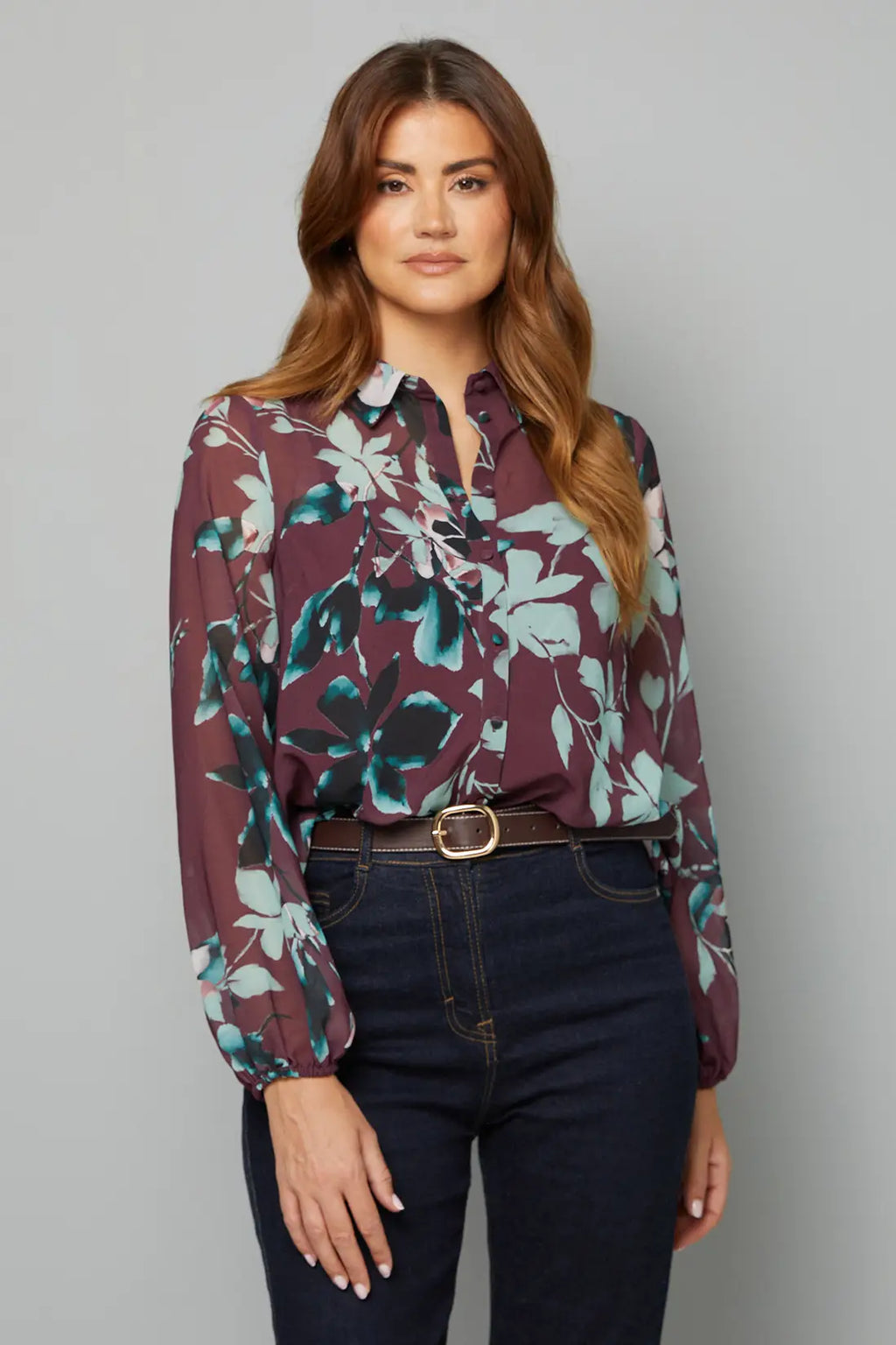 Plum Floral High Low Hem Longline Shirt