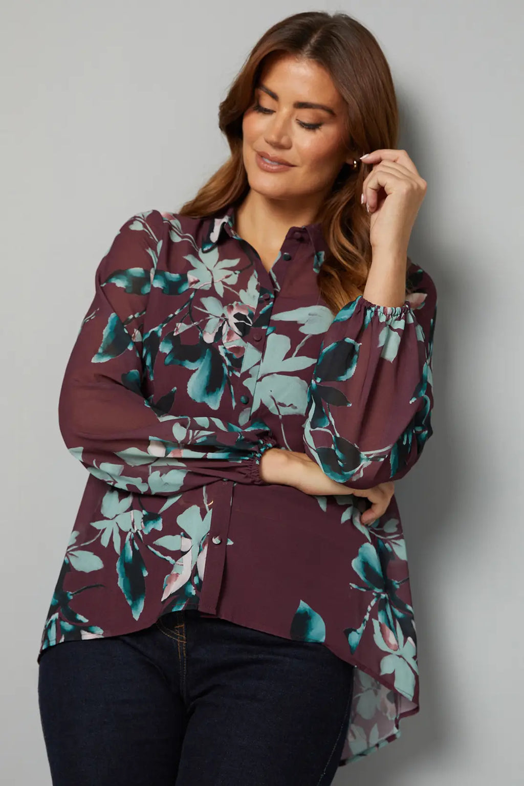 Plum Floral High Low Hem Longline Shirt