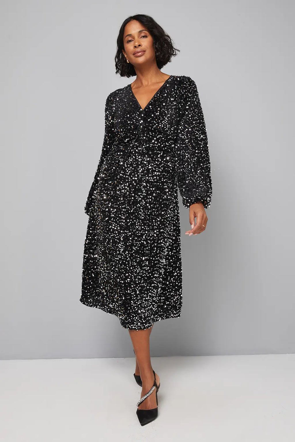 Black Sequin Velvet Twist Midi Dress