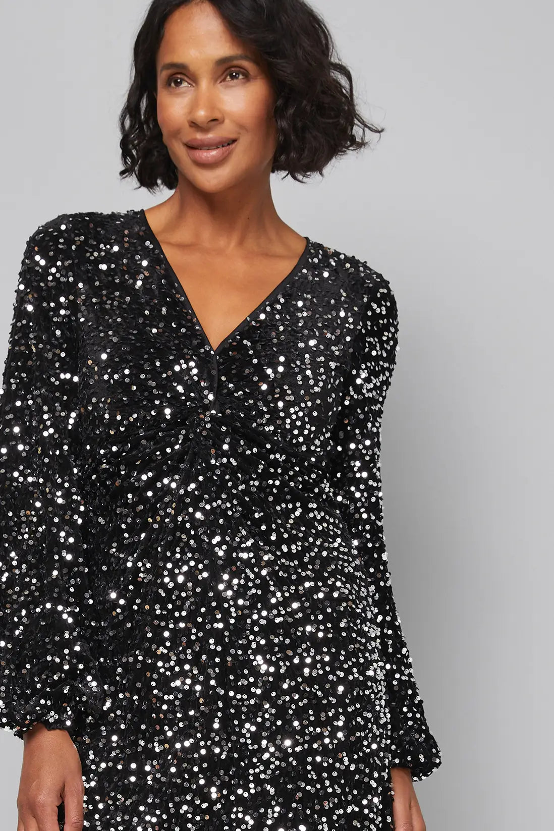 Black Sequin Velvet Twist Midi Dress