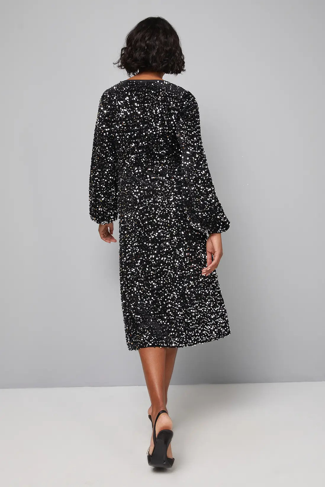 Black Sequin Velvet Twist Midi Dress