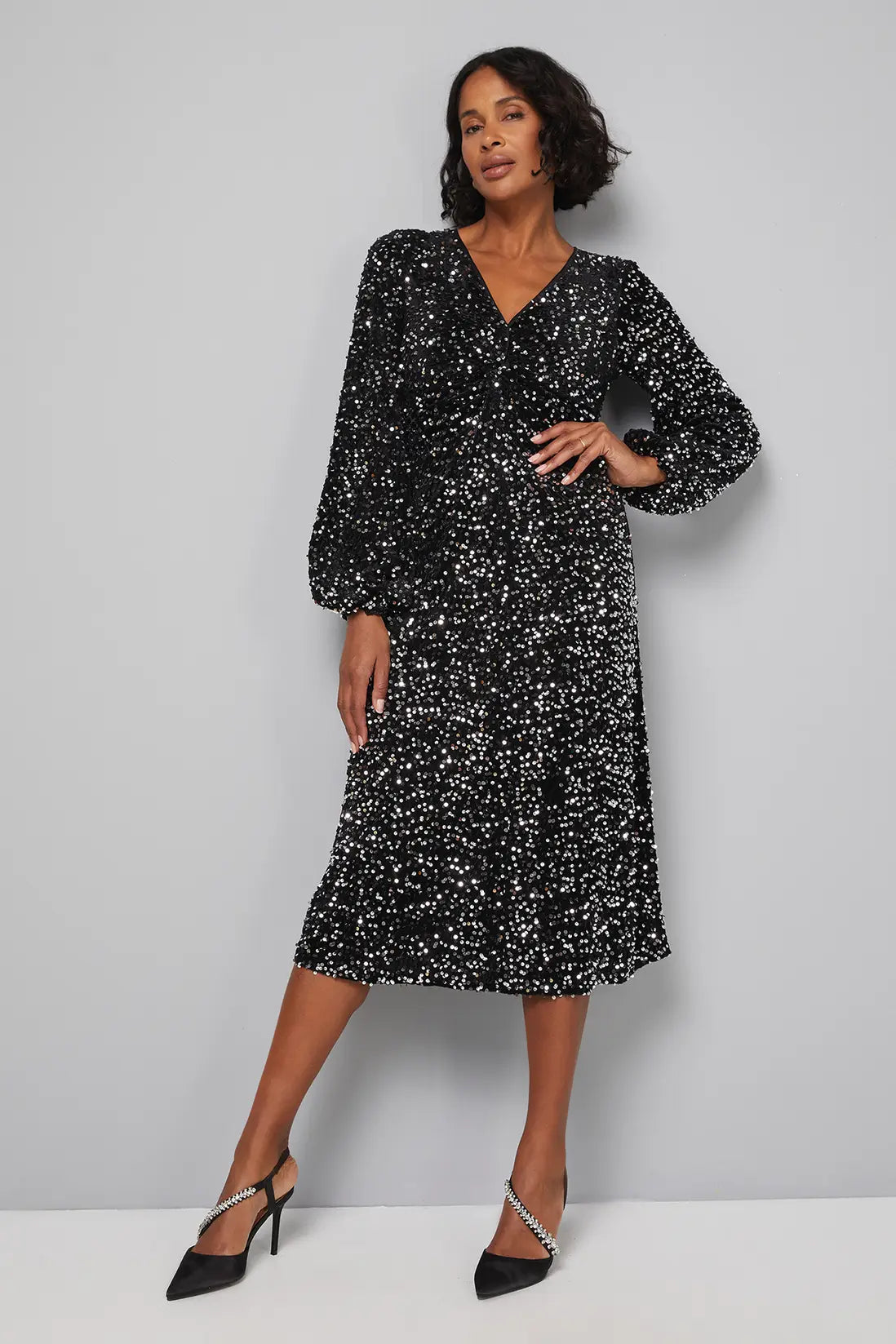 Black Sequin Velvet Twist Midi Dress