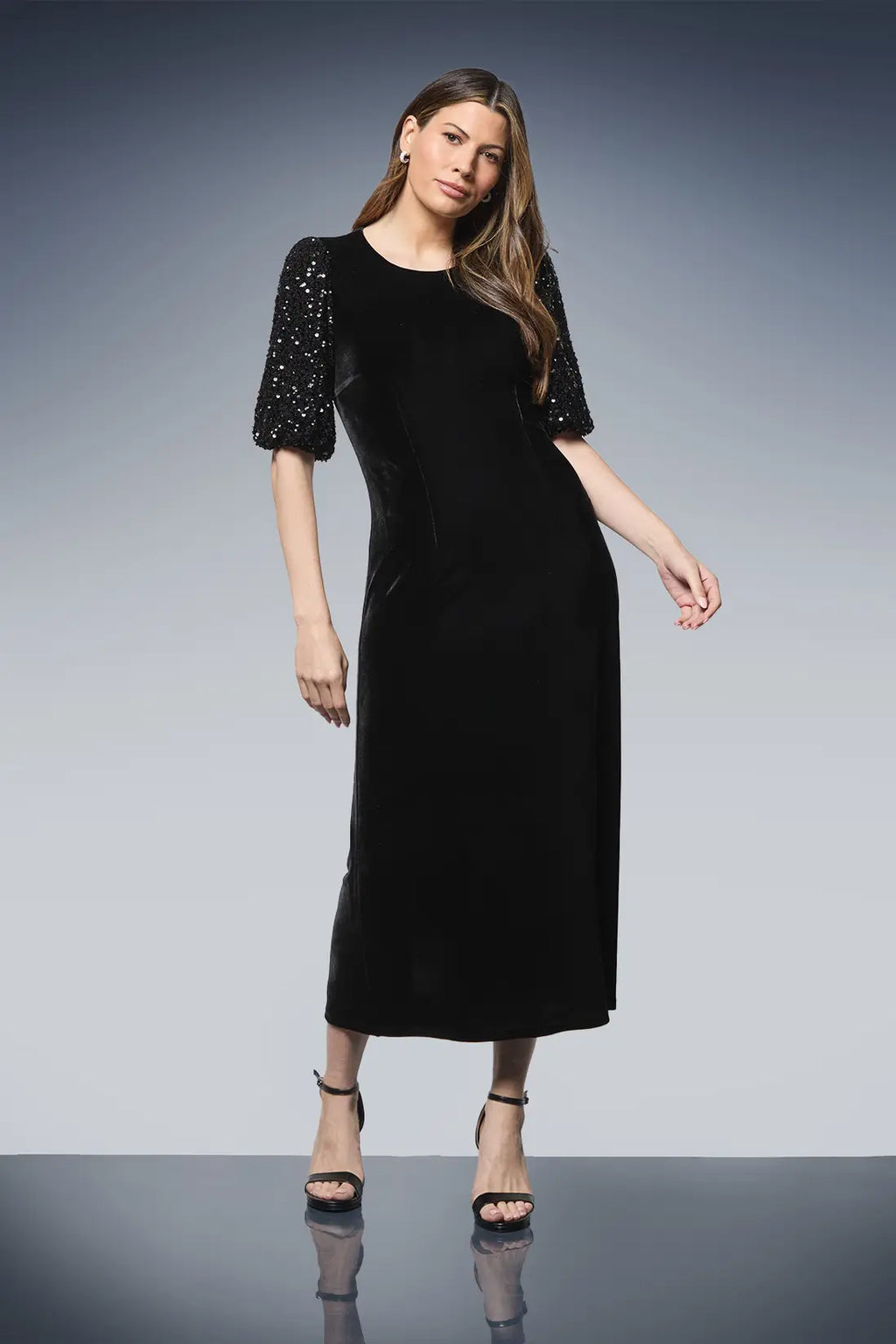 Sequin Puff Sleeve Velvet Tie Back Midi Dress