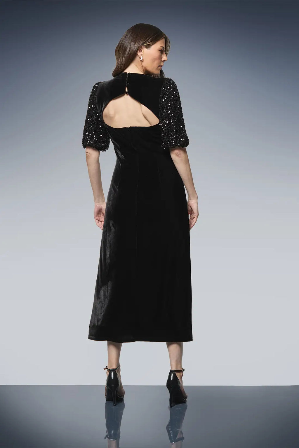 Sequin Puff Sleeve Velvet Tie Back Midi Dress