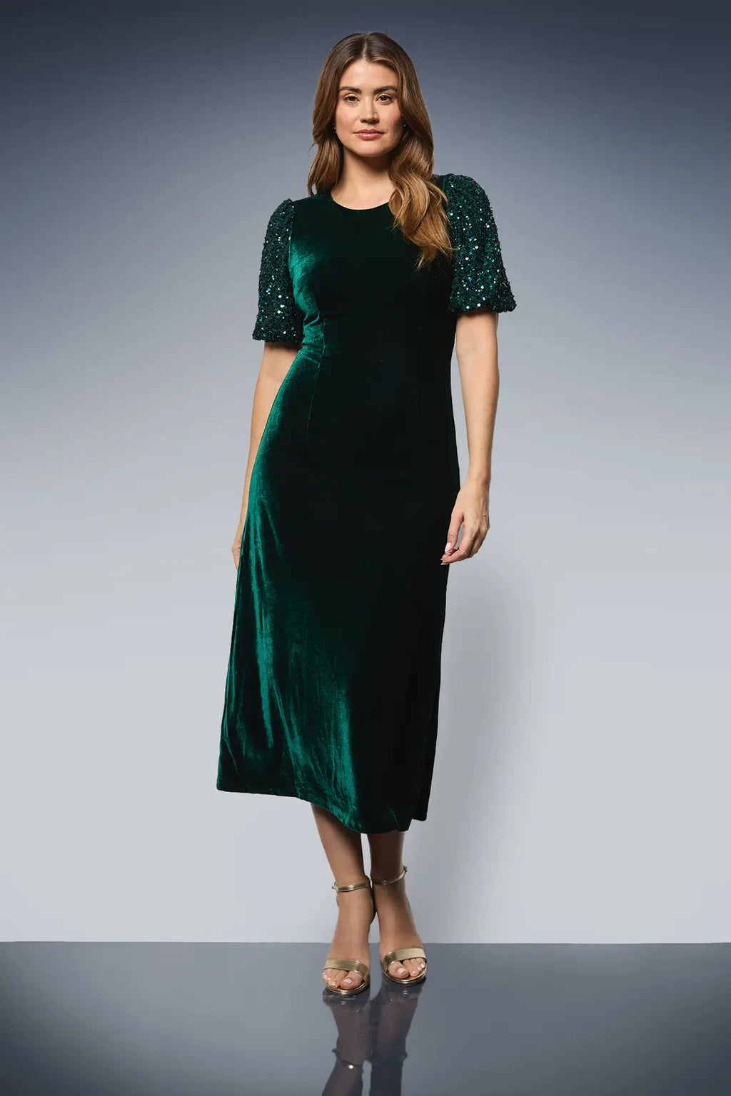 Sequin Puff Sleeve Velvet Tie Back Midi Dress