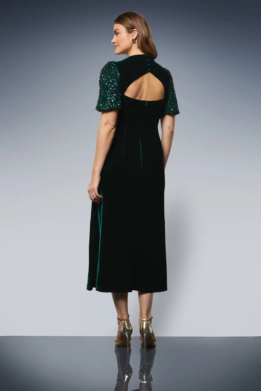 Sequin Puff Sleeve Velvet Tie Back Midi Dress