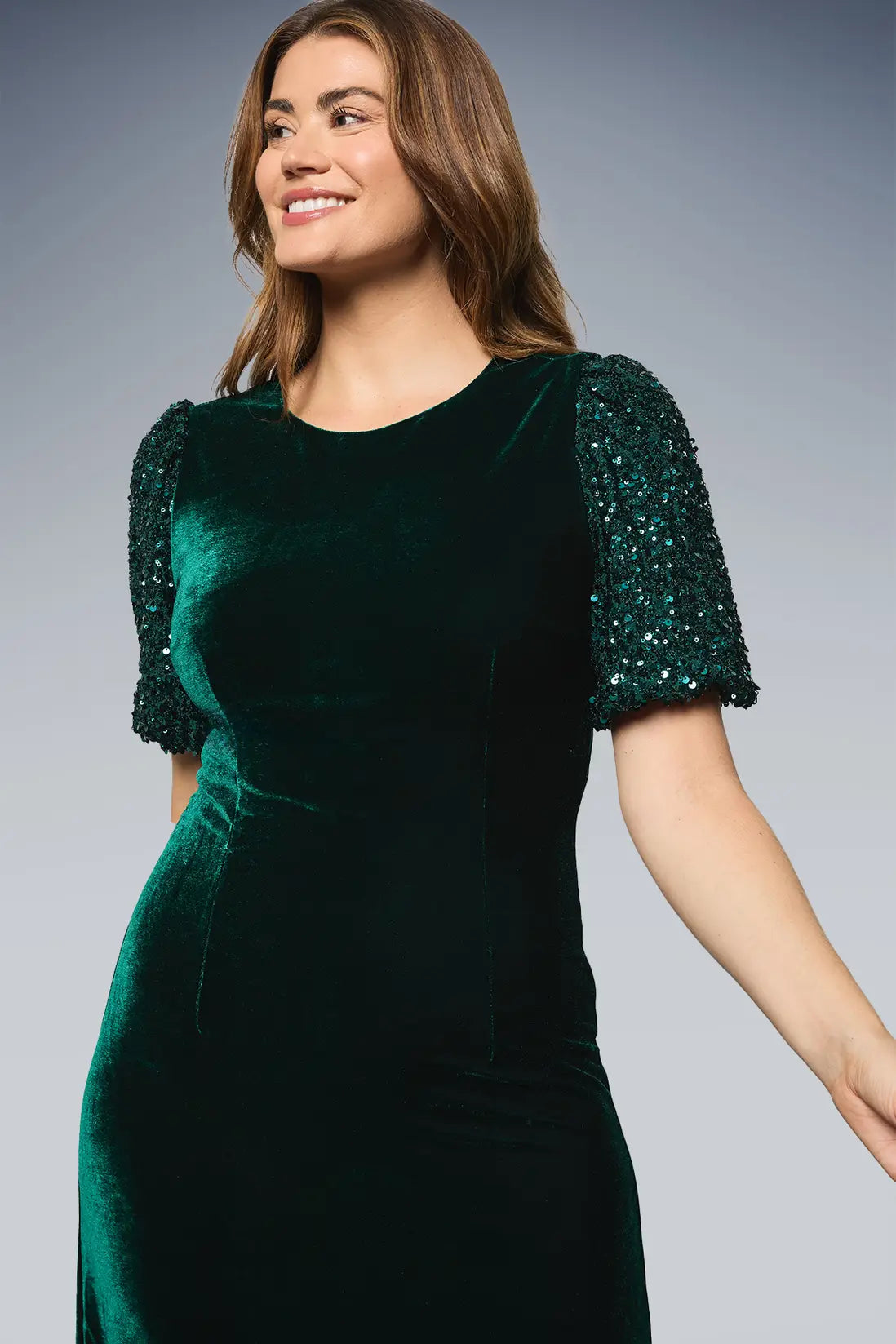 Sequin Puff Sleeve Velvet Tie Back Midi Dress