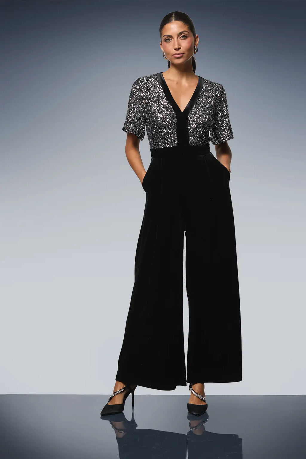 Black Sequin Contrast Velvet Jumpsuit