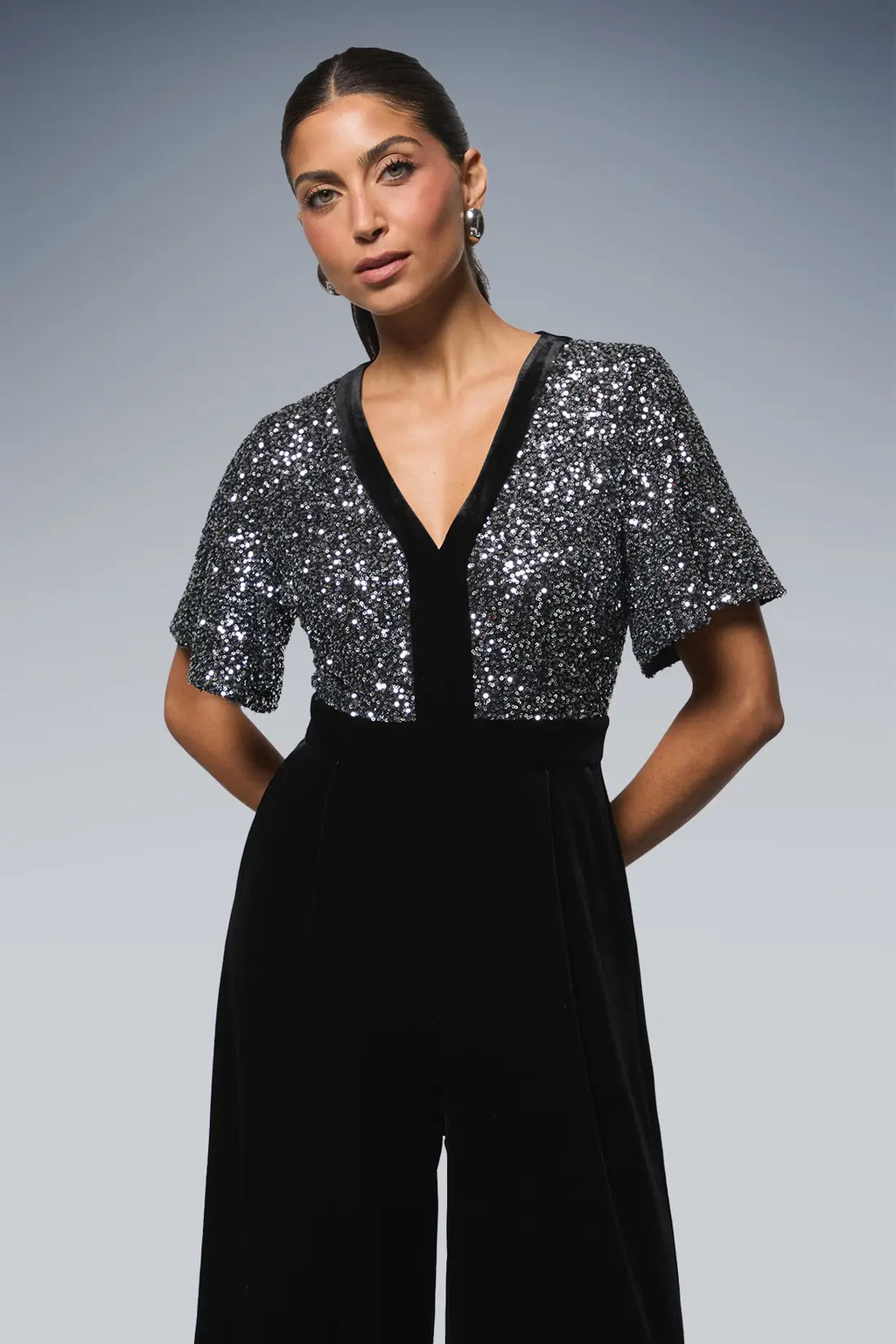 Black Sequin Contrast Velvet Jumpsuit