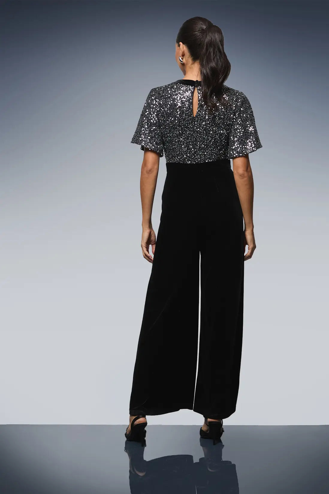 Black Sequin Contrast Velvet Jumpsuit